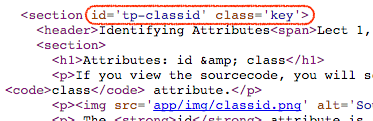 Sourcecode example of class and id