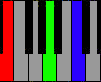 three piano keyboard keys representing human visible colors of the rainbow