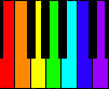 one octave on piano keyboard represented with keys colored from colors of the rainbow