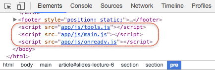 Screenshot of console demonstrating js files being placed after the footer